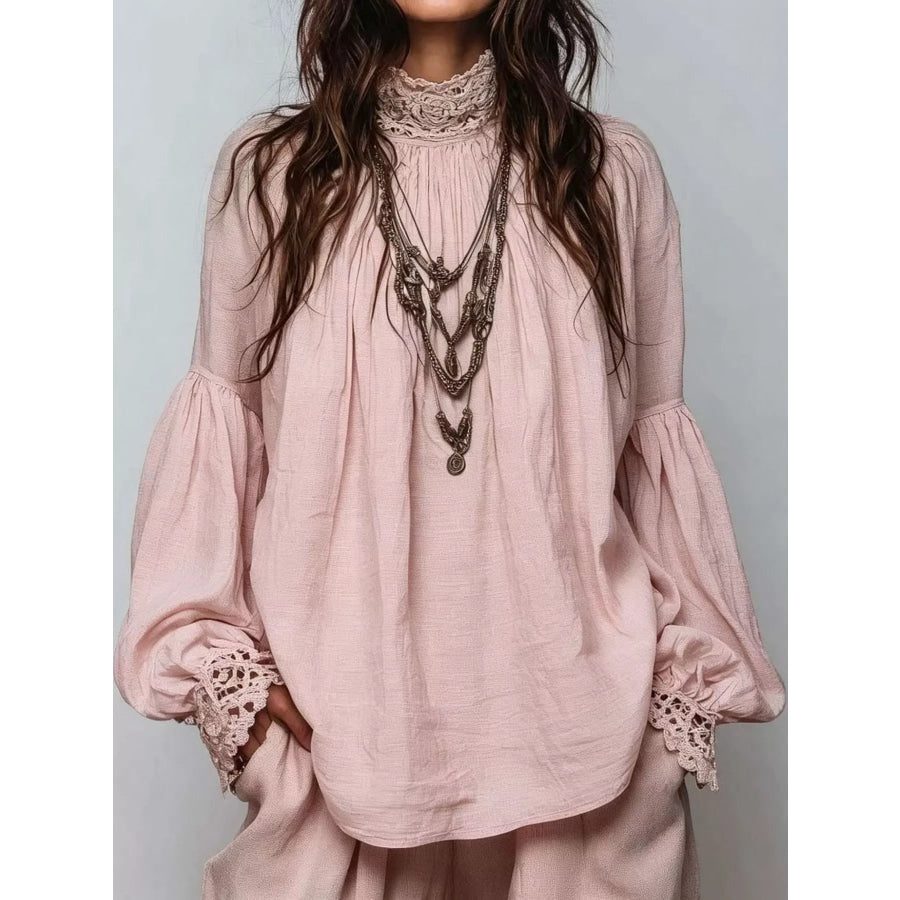 Full Size Lace Mock Neck Long Sleeve Blouse Plus Pink / S Apparel and Accessories