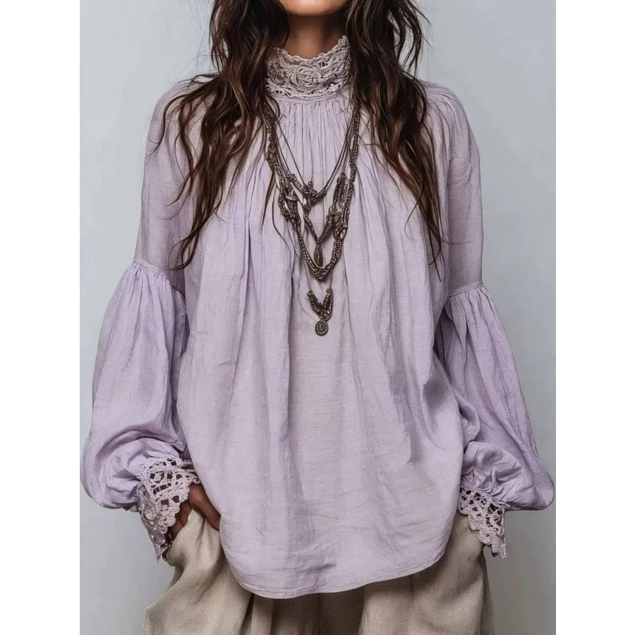 Full Size Lace Mock Neck Long Sleeve Blouse Plus Purple / S Apparel and Accessories