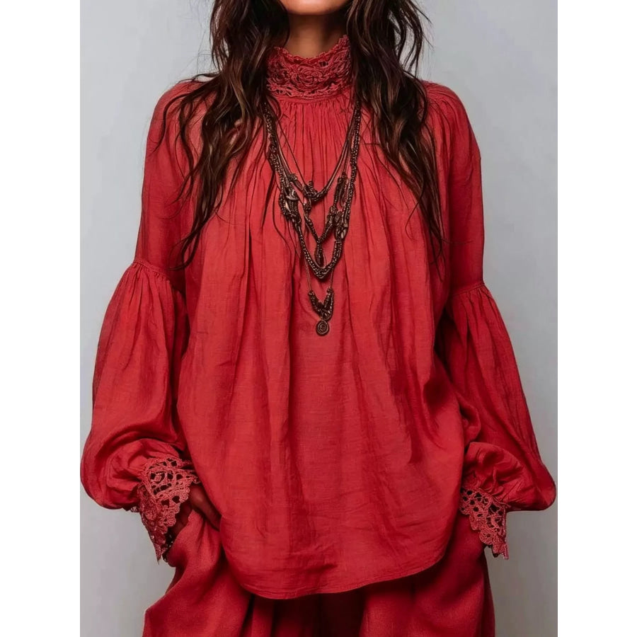 Full Size Lace Mock Neck Long Sleeve Blouse Plus Red / S Apparel and Accessories