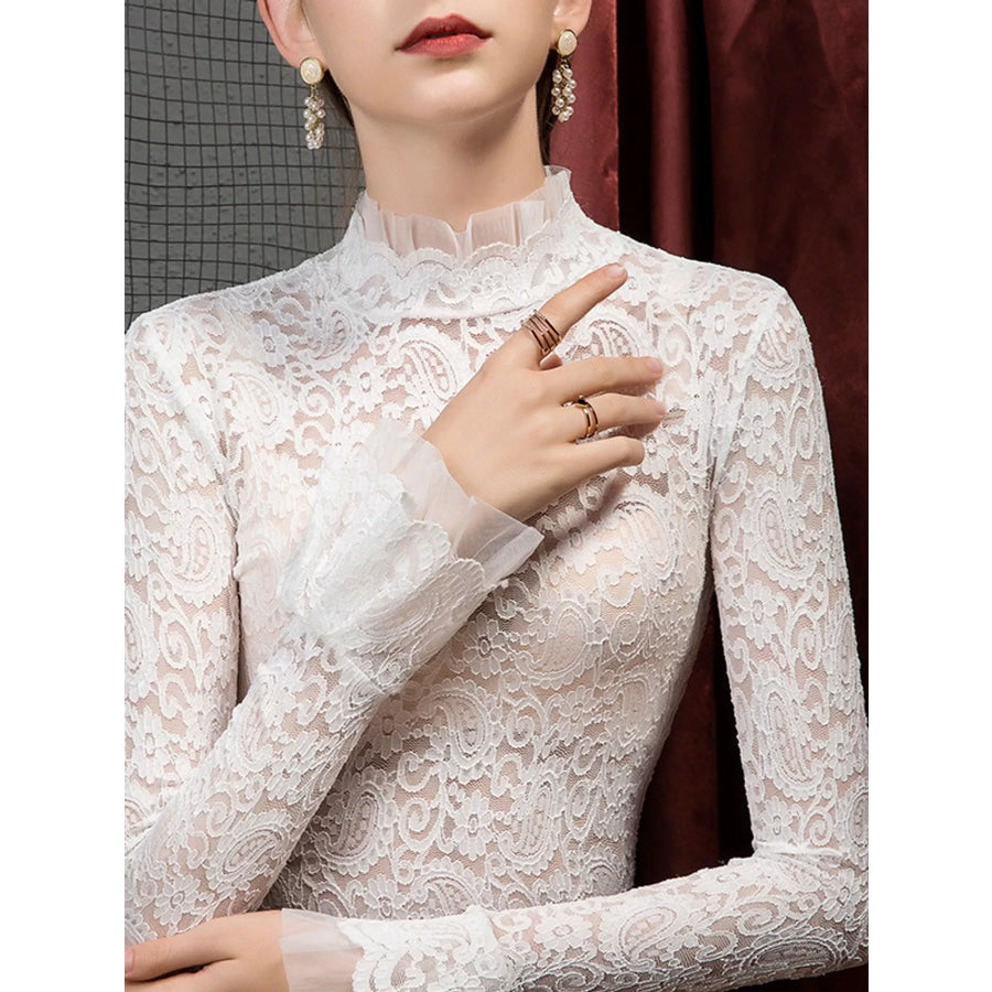 Full Size Lace Mock Neck Long Sleeve Blouse Plus White / S Apparel and Accessories