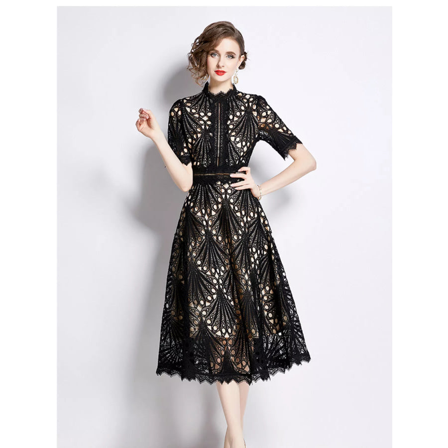 Full Size Lace Short Sleeve Midi Dress Plus Size Apparel and Accessories