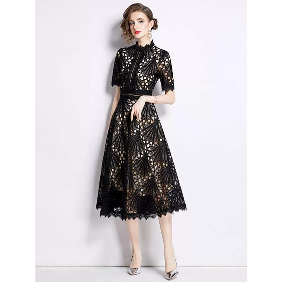Full Size Lace Short Sleeve Midi Dress Plus Size Apparel and Accessories