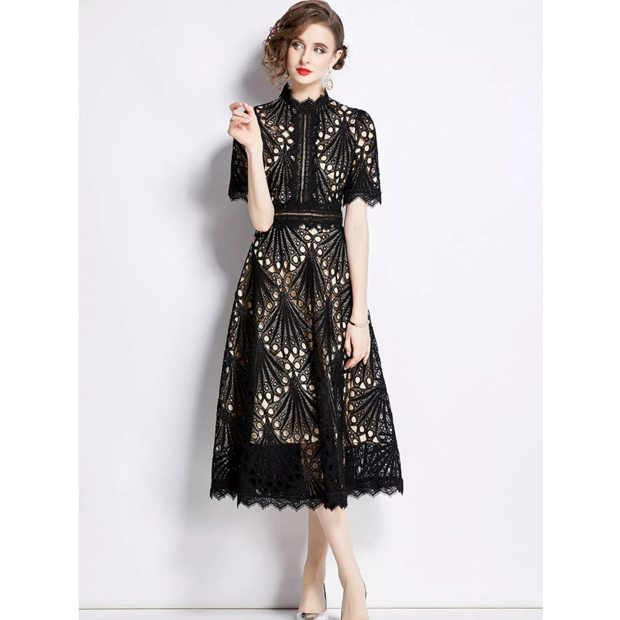 Full Size Lace Short Sleeve Midi Dress Plus Size Apparel and Accessories