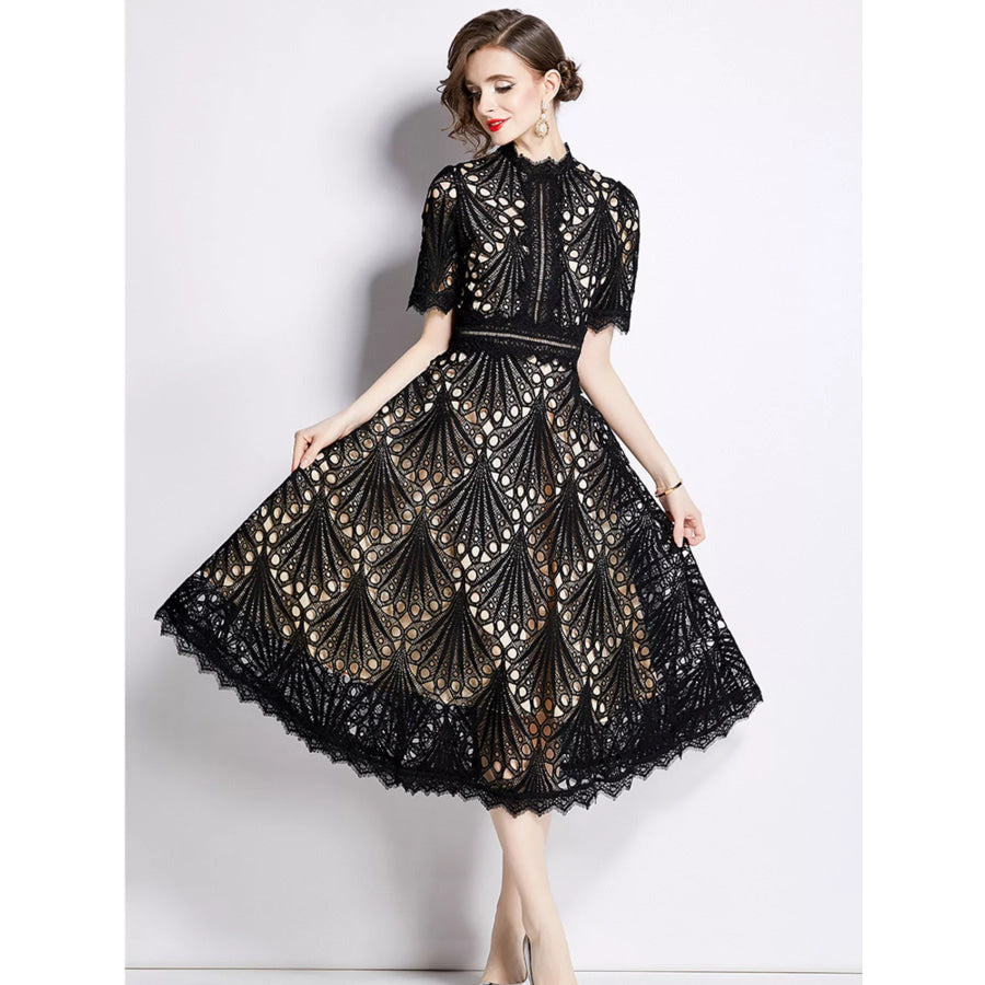 Full Size Lace Short Sleeve Midi Dress Plus Size Apparel and Accessories