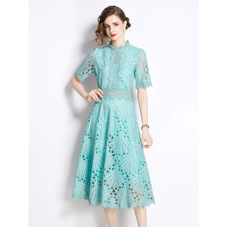 Full Size Lace Short Sleeve Midi Dress Plus Size Bean Green / S Apparel and Accessories