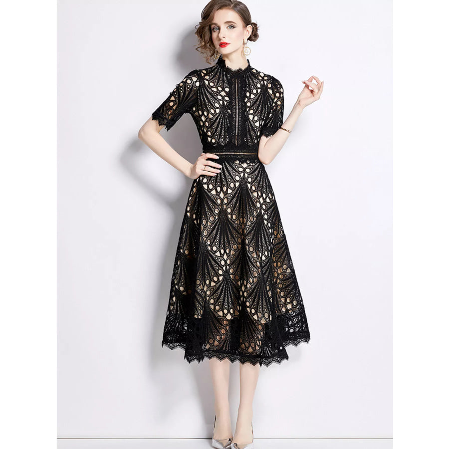 Full Size Lace Short Sleeve Midi Dress Plus Size Light Apricot / S Apparel and Accessories