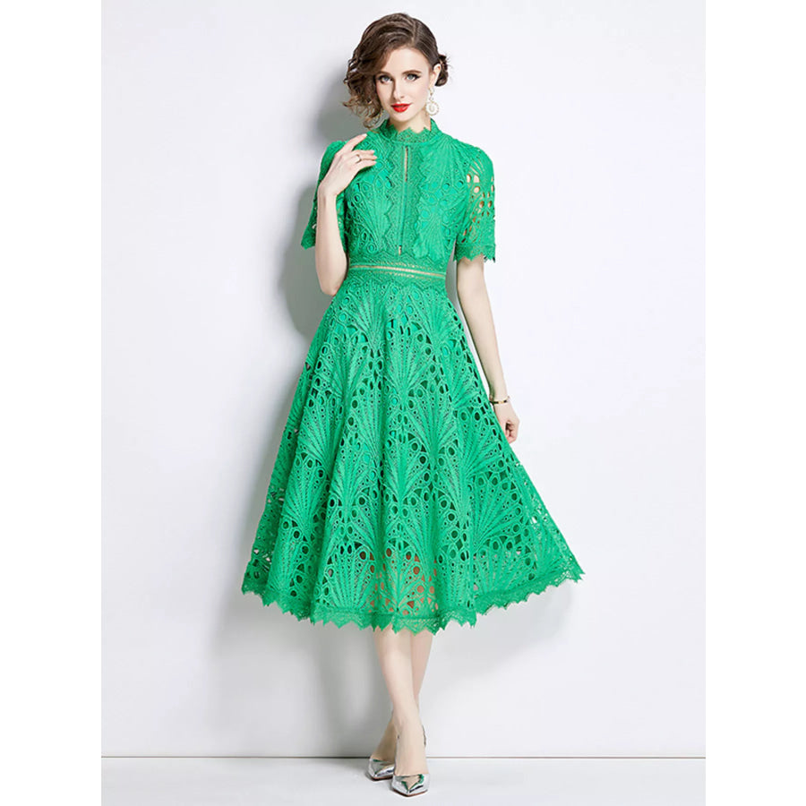 Full Size Lace Short Sleeve Midi Dress Plus Size Green / S Apparel and Accessories