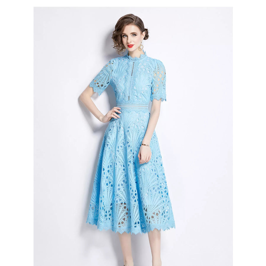 Full Size Lace Short Sleeve Midi Dress Plus Size Lake Blue / S Apparel and Accessories