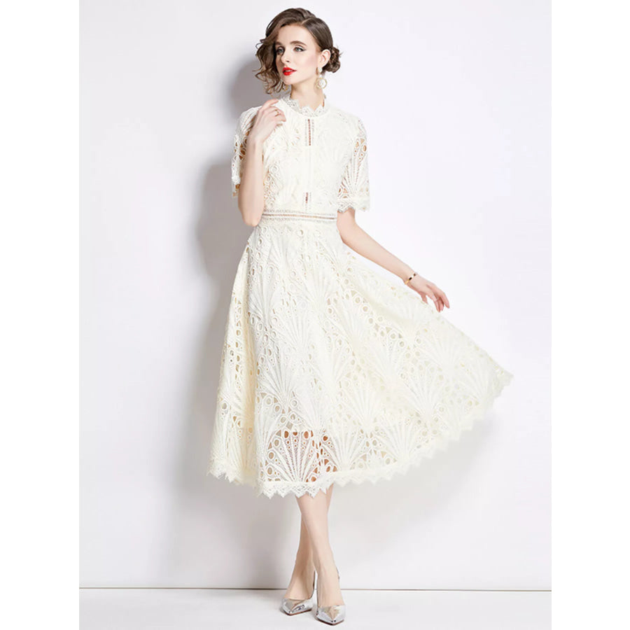 Full Size Lace Short Sleeve Midi Dress Plus Size Light Apricot / S Apparel and Accessories