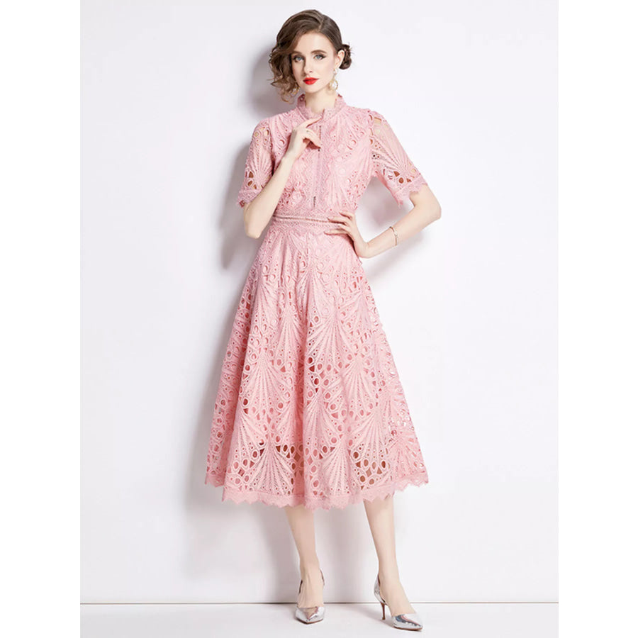 Full Size Lace Short Sleeve Midi Dress Plus Size Pink / S Apparel and Accessories