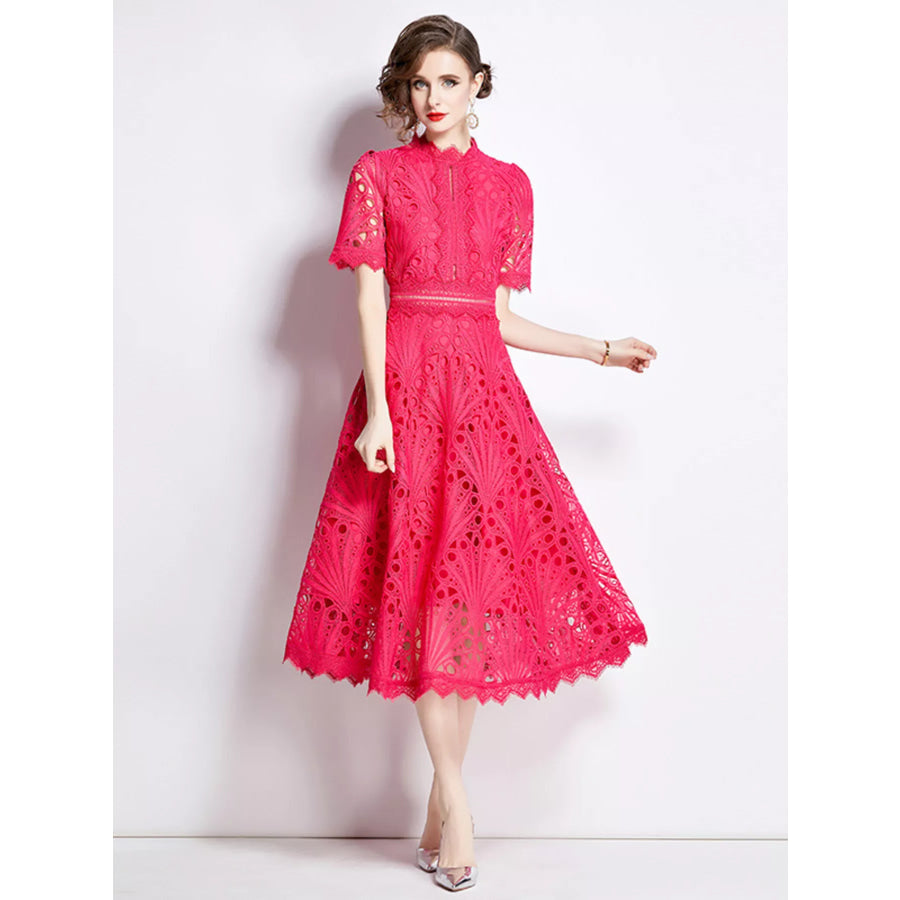 Full Size Lace Short Sleeve Midi Dress Plus Size Red / S Apparel and Accessories