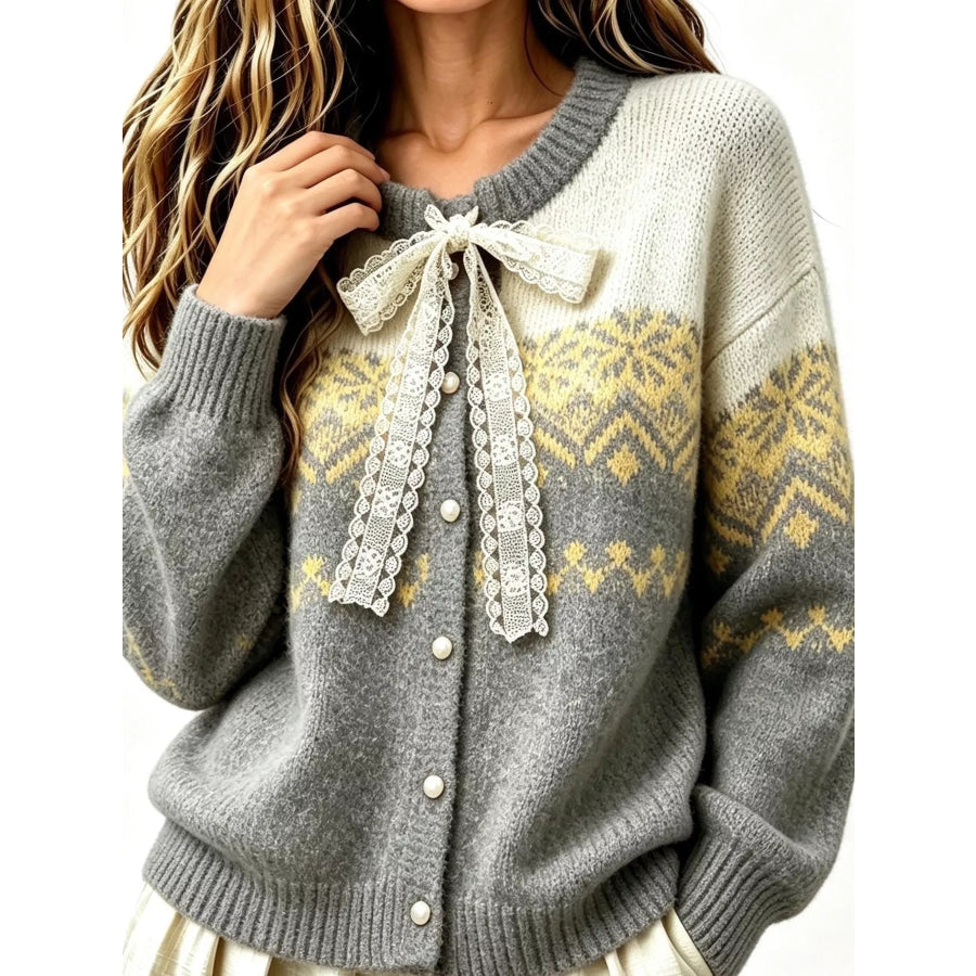 Full Size Lace Tie Button Up Cardigan Plus Apparel and Accessories