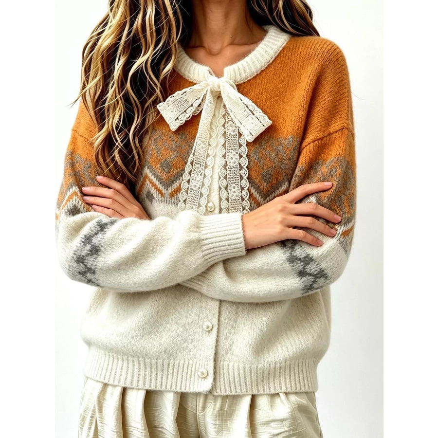 Full Size Lace Tie Button Up Cardigan Plus Apparel and Accessories