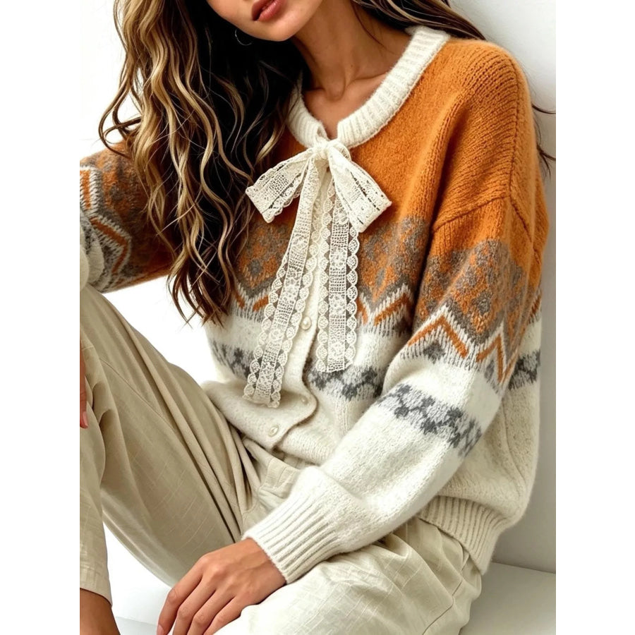 Full Size Lace Tie Button Up Cardigan Plus Apparel and Accessories