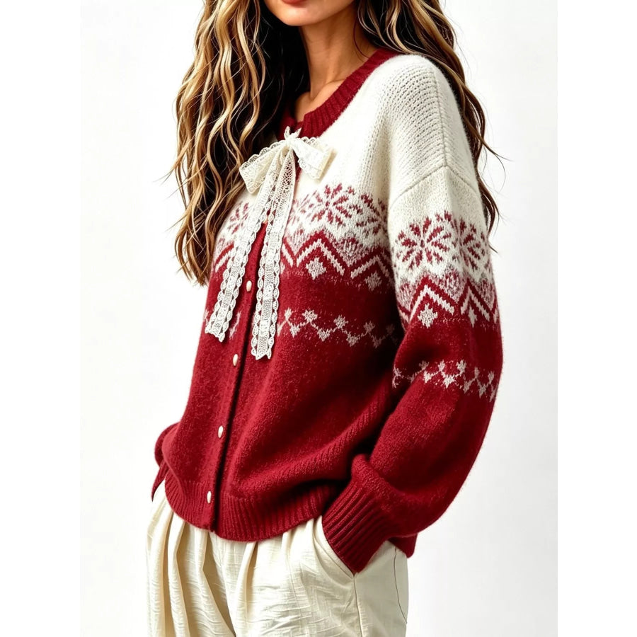 Full Size Lace Tie Button Up Cardigan Plus Apparel and Accessories