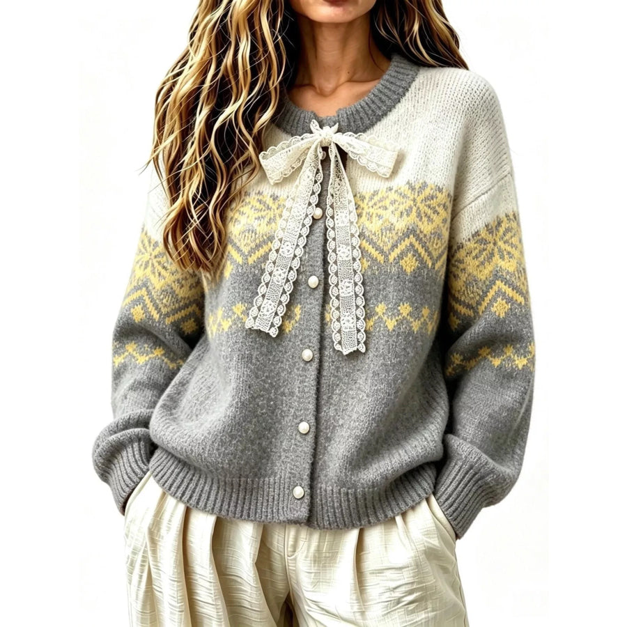 Full Size Lace Tie Button Up Cardigan Plus Apparel and Accessories