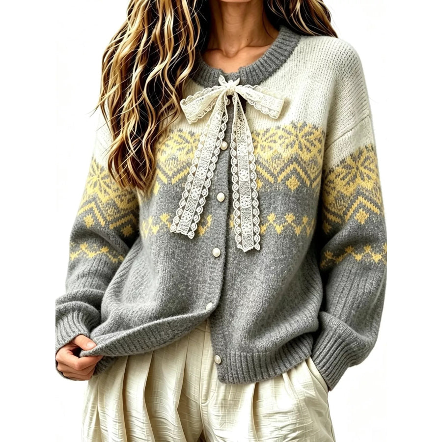 Full Size Lace Tie Button Up Cardigan Plus Gray / S Apparel and Accessories