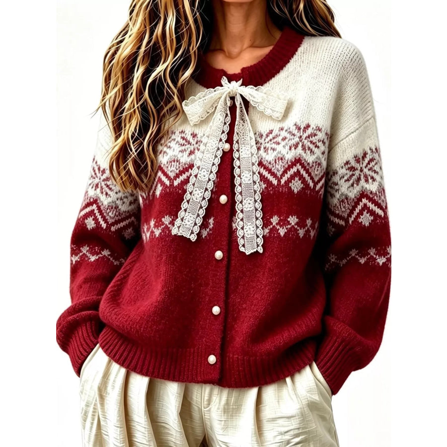 Full Size Lace Tie Button Up Cardigan Plus Red / S Apparel and Accessories
