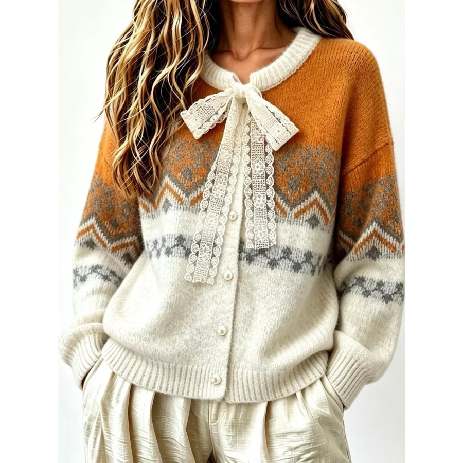 Full Size Lace Tie Button Up Cardigan Plus Tangerine / S Apparel and Accessories