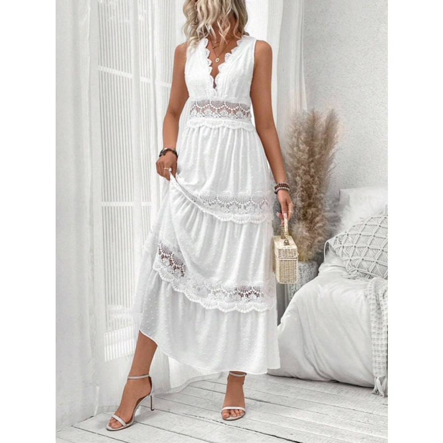 Full Size Lace Tied Swiss Dot Sleeveless Maxi Dress Plus Size Apparel and Accessories