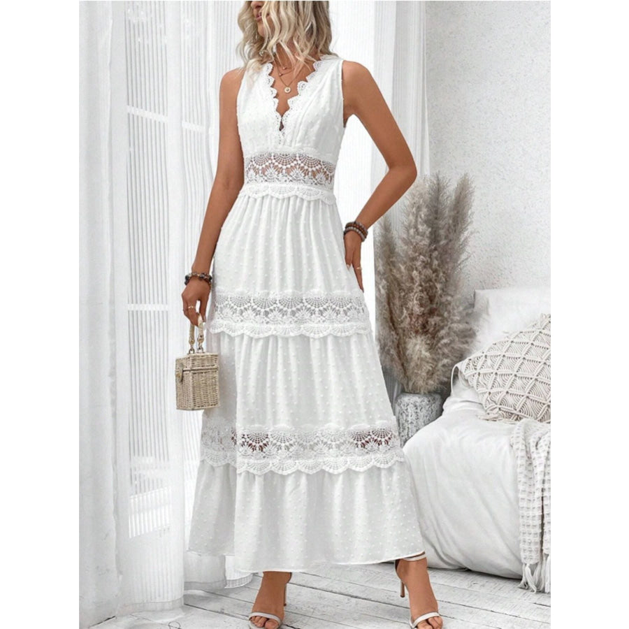 Full Size Lace Tied Swiss Dot Sleeveless Maxi Dress Plus Size Apparel and Accessories