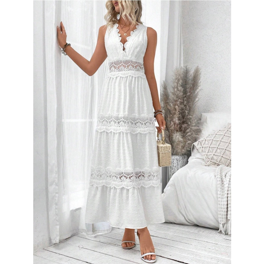 Full Size Lace Tied Swiss Dot Sleeveless Maxi Dress Plus Size Apparel and Accessories