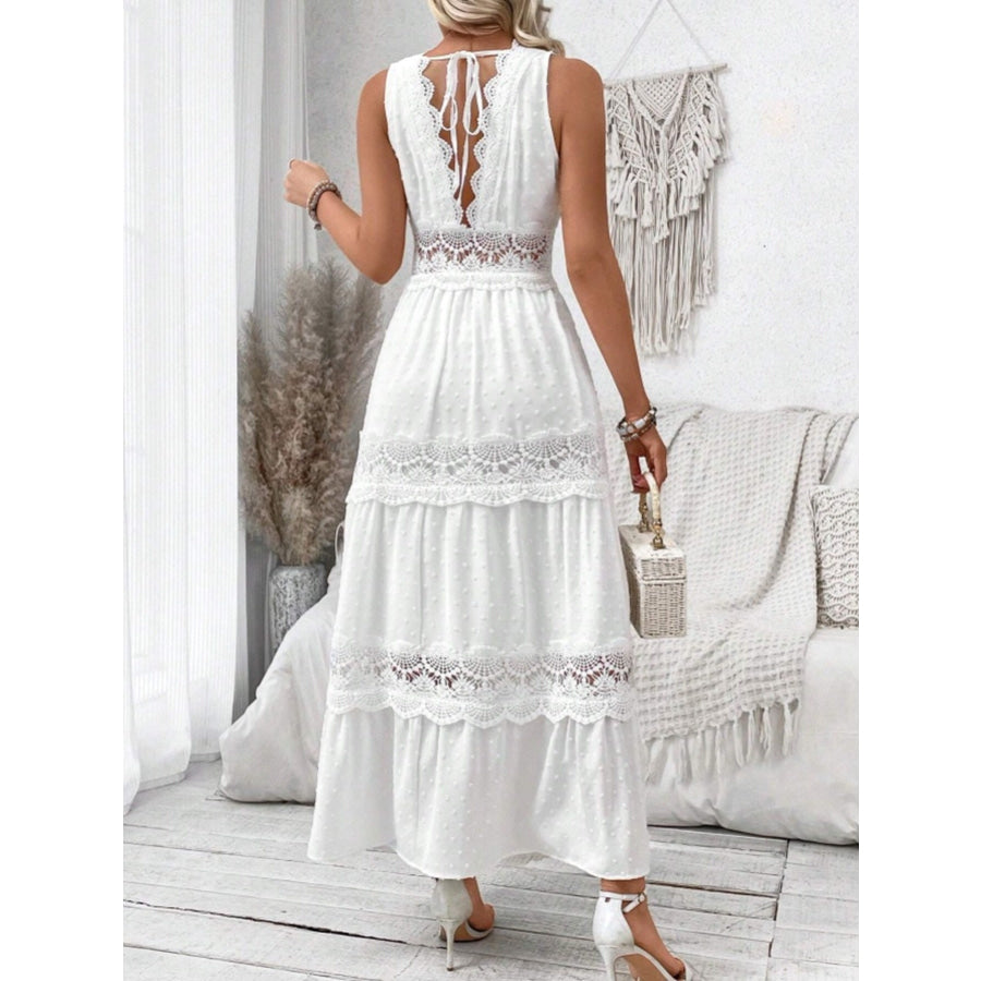 Full Size Lace Tied Swiss Dot Sleeveless Maxi Dress Plus Size Apparel and Accessories