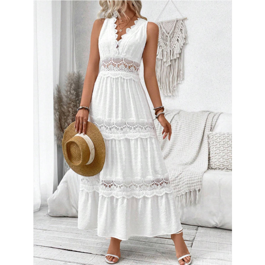 Full Size Lace Tied Swiss Dot Sleeveless Maxi Dress Plus Size White / S Apparel and Accessories