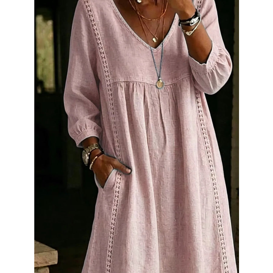 Full Size Lace Trim Long Sleeve Midi Dress Plus Apparel and Accessories