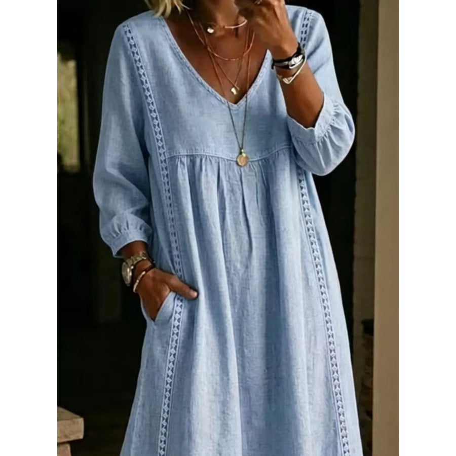 Full Size Lace Trim Long Sleeve Midi Dress Plus Apparel and Accessories