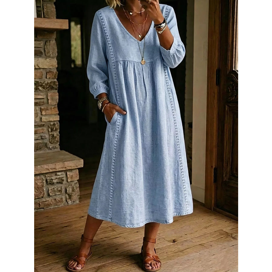 Full Size Lace Trim Long Sleeve Midi Dress Plus Blue / S Apparel and Accessories
