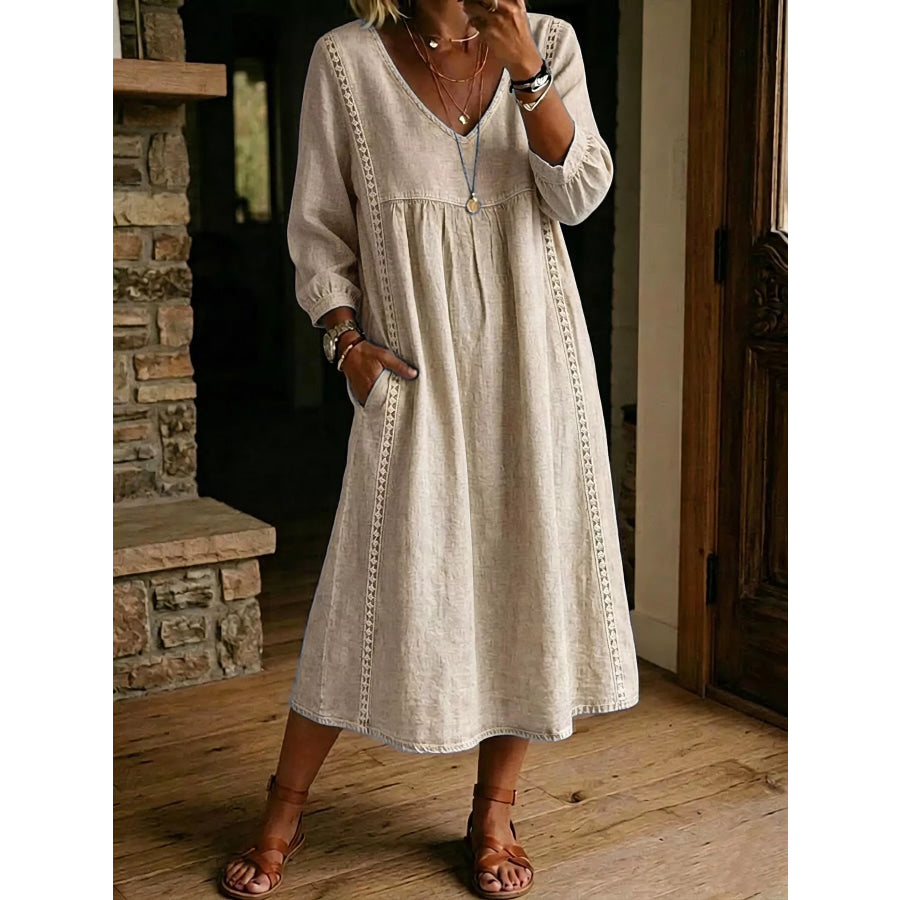 Full Size Lace Trim Long Sleeve Midi Dress Plus Khaki / S Apparel and Accessories