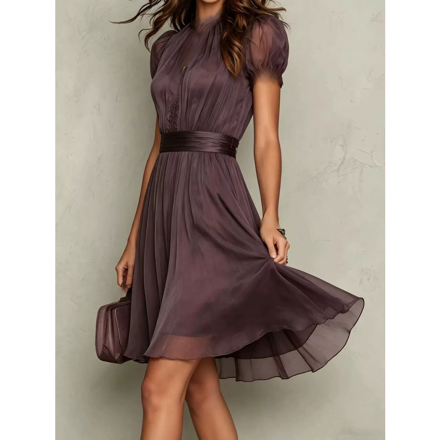 Full Size Lace Trim Puff Sleeve A-Line Dress Plus Apparel and Accessories