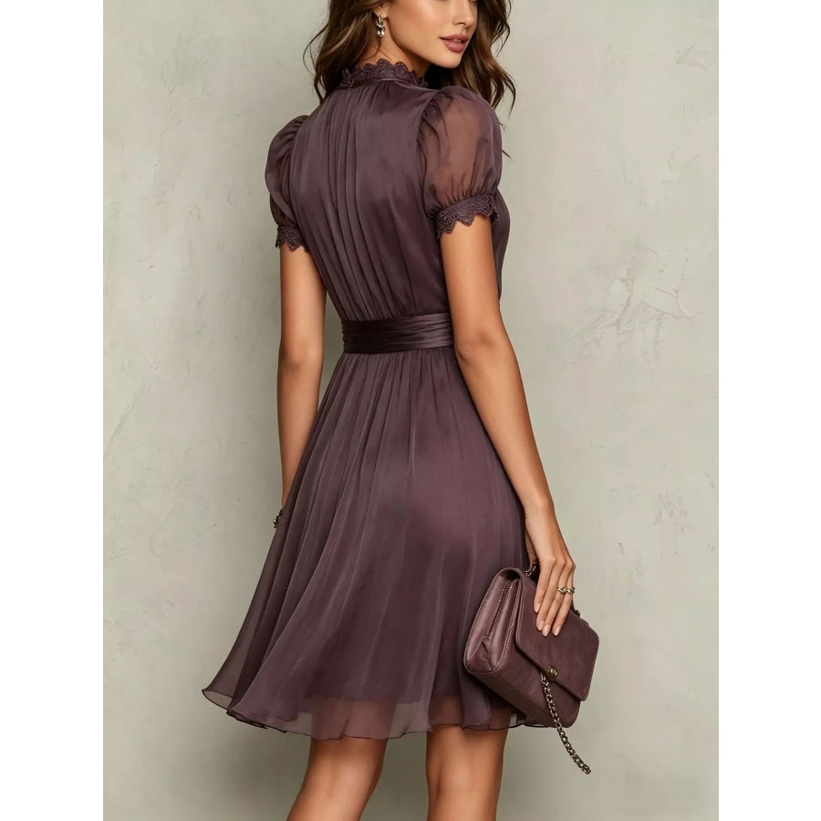 Full Size Lace Trim Puff Sleeve A-Line Dress Plus Apparel and Accessories