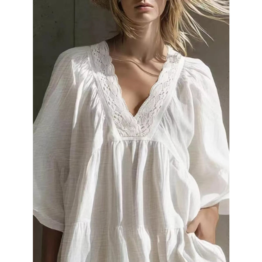 Full Size Lace Trim Puff Sleeve Mini Dress Plus White / S Apparel and Accessories