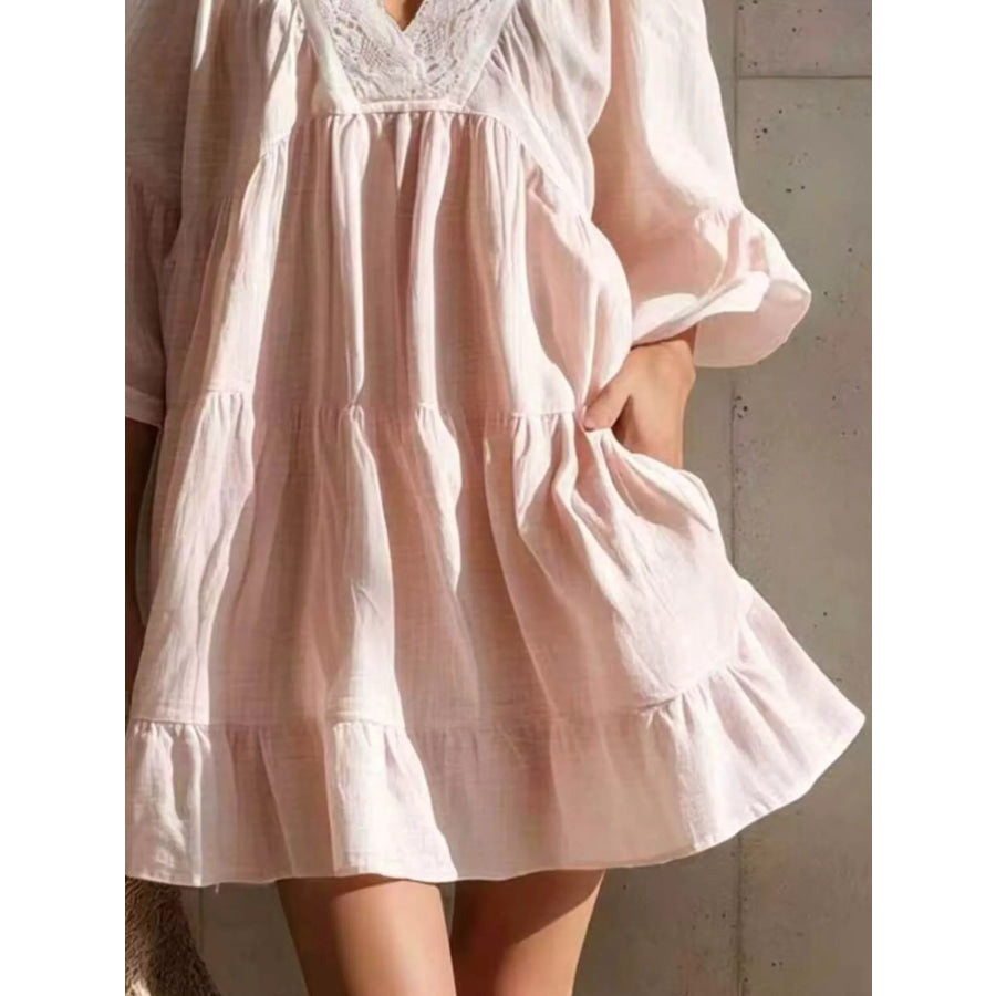 Full Size Lace Trim Puff Sleeve Mini Dress Plus Apparel and Accessories