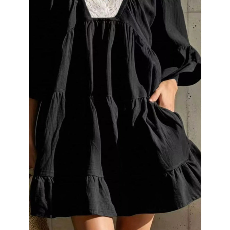 Full Size Lace Trim Puff Sleeve Mini Dress Plus Apparel and Accessories