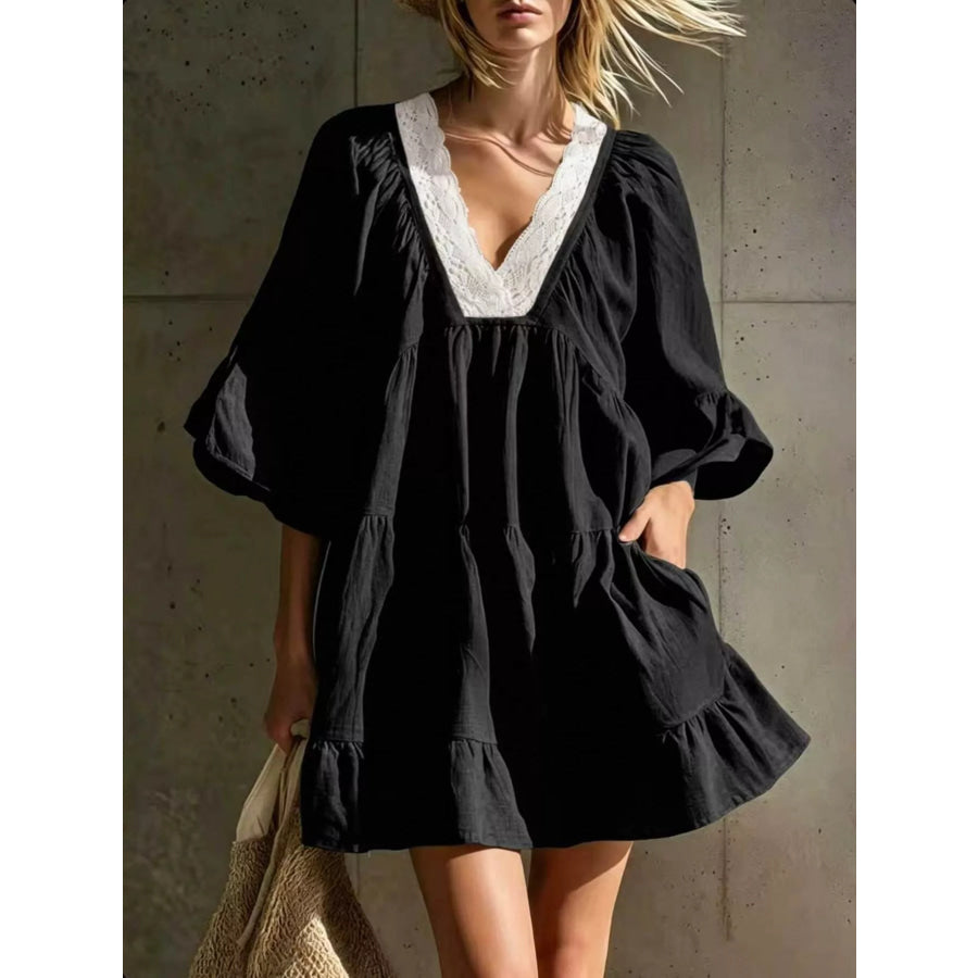 Full Size Lace Trim Puff Sleeve Mini Dress Plus Black / S Apparel and Accessories