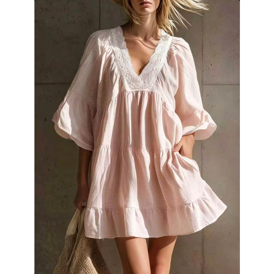 Full Size Lace Trim Puff Sleeve Mini Dress Plus Blush Pink / S Apparel and Accessories