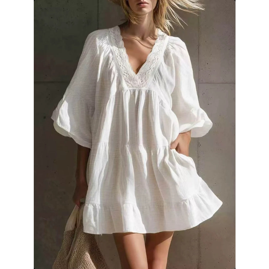 Full Size Lace Trim Puff Sleeve Mini Dress Plus White / S Apparel and Accessories