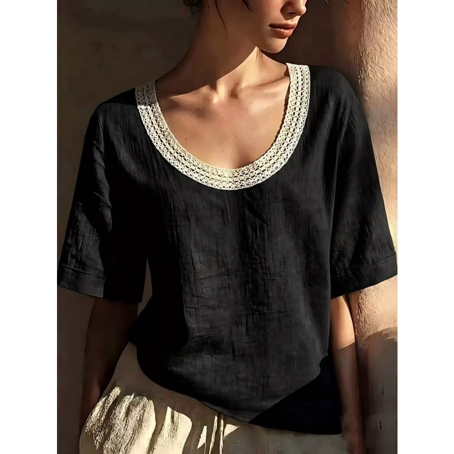 Full Size Lace Trim Short Sleeve Blouse Plus Size Black / S Apparel and Accessories