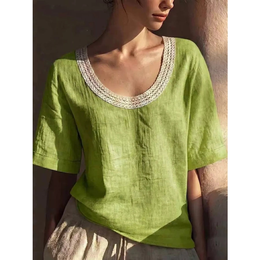 Full Size Lace Trim Short Sleeve Blouse Plus Size Grass Green / S Apparel and Accessories