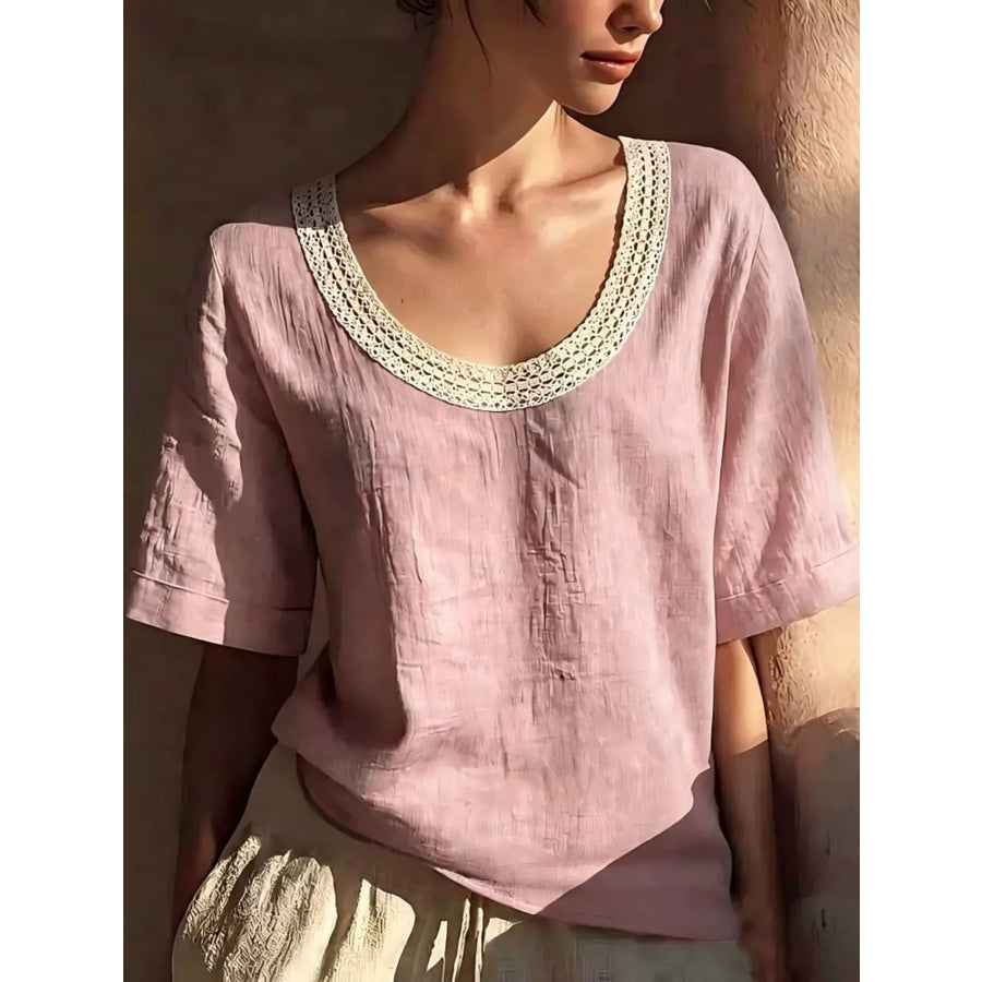 Full Size Lace Trim Short Sleeve Blouse Plus Size Pink / S Apparel and Accessories