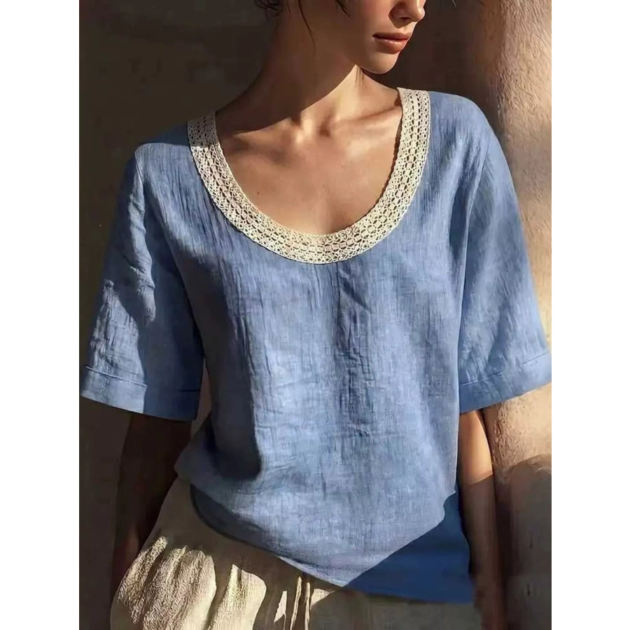 Full Size Lace Trim Short Sleeve Blouse Plus Size Sky Blue / S Apparel and Accessories