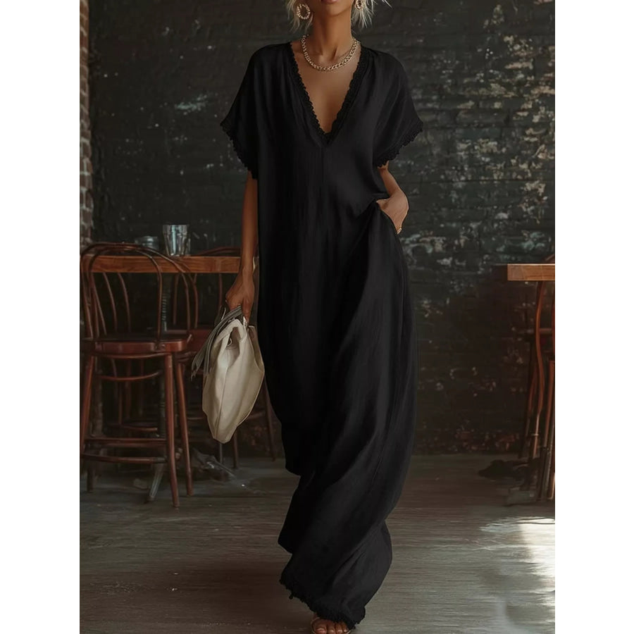 Full Size Lace Trim V-Neck Maxi Dress Plus Size Black / S Apparel and Accessories