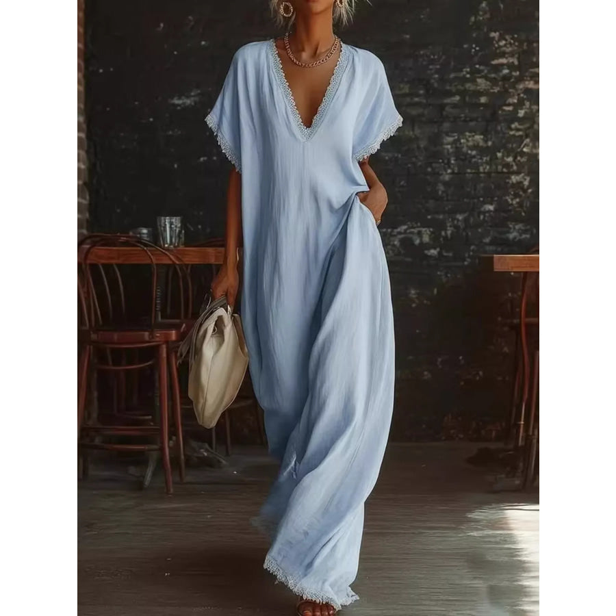 Full Size Lace Trim V-Neck Maxi Dress Plus Size Sky Blue / S Apparel and Accessories