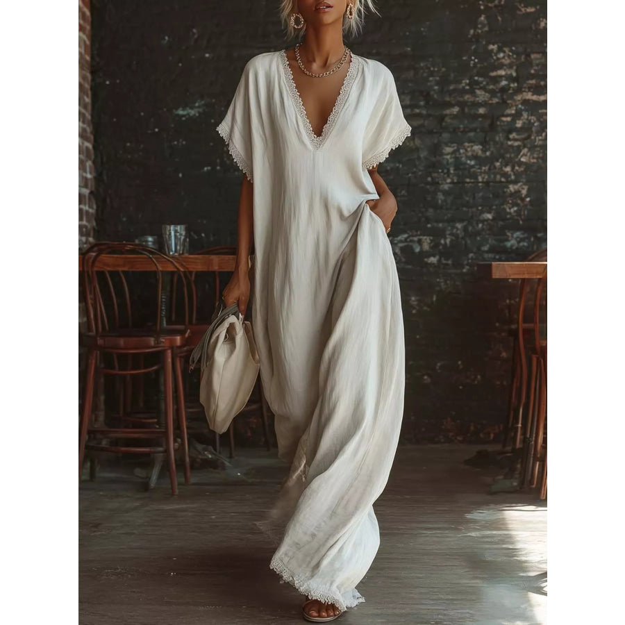 Full Size Lace Trim V-Neck Maxi Dress Plus Size White / S Apparel and Accessories