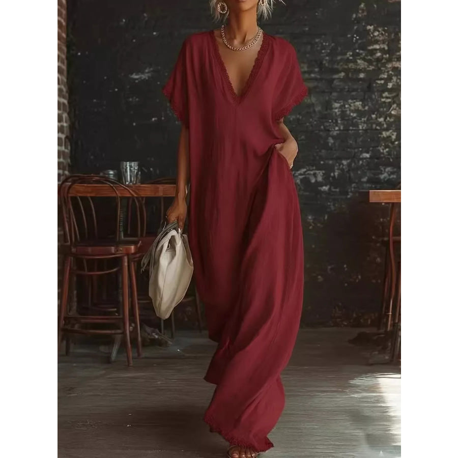 Full Size Lace Trim V-Neck Maxi Dress Plus Size Wine Red / S Apparel and Accessories