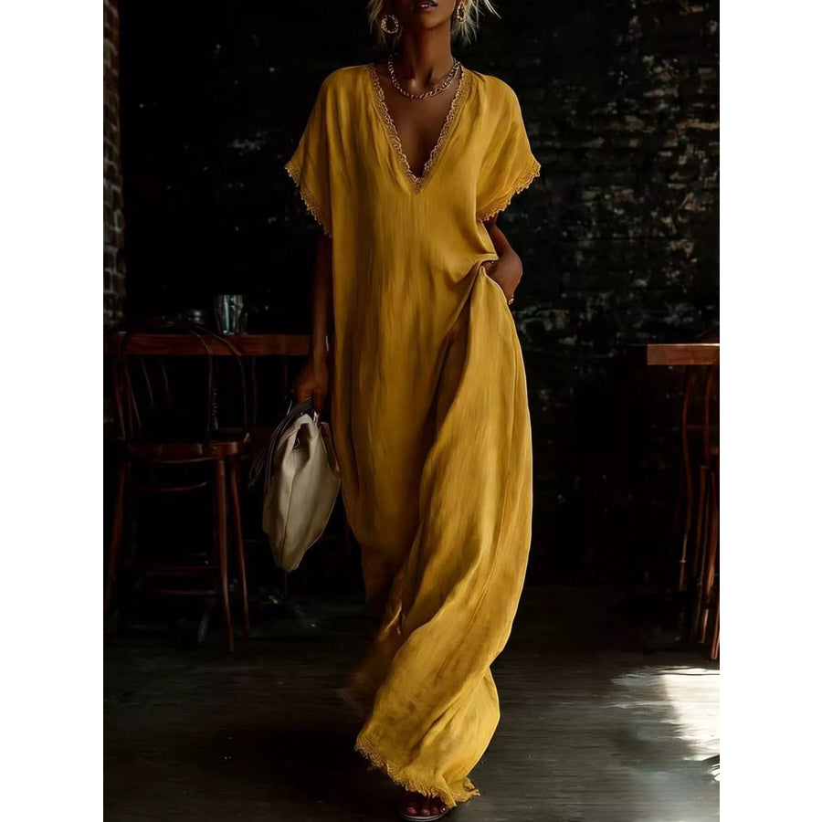 Full Size Lace Trim V-Neck Maxi Dress Plus Size Yellow / S Apparel and Accessories