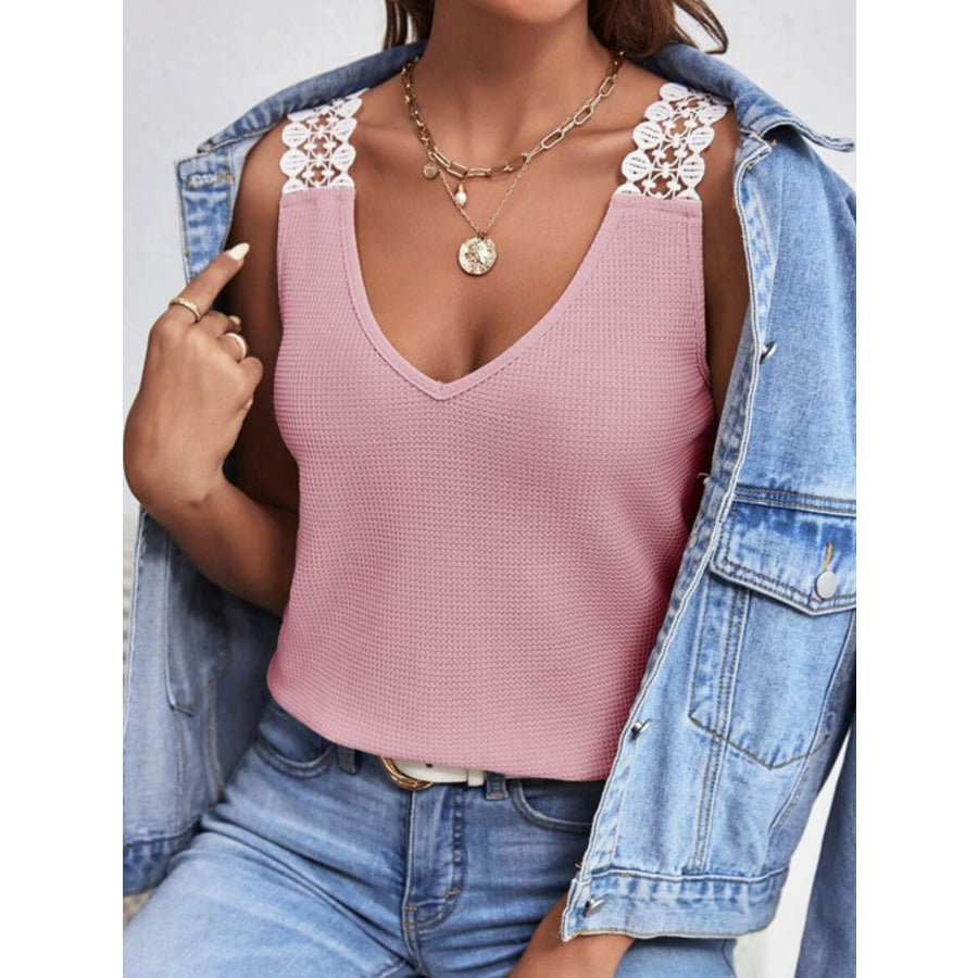 Full Size Lace Trim V-Neck Waffle Knit Tank Plus Size Apparel and Accessories